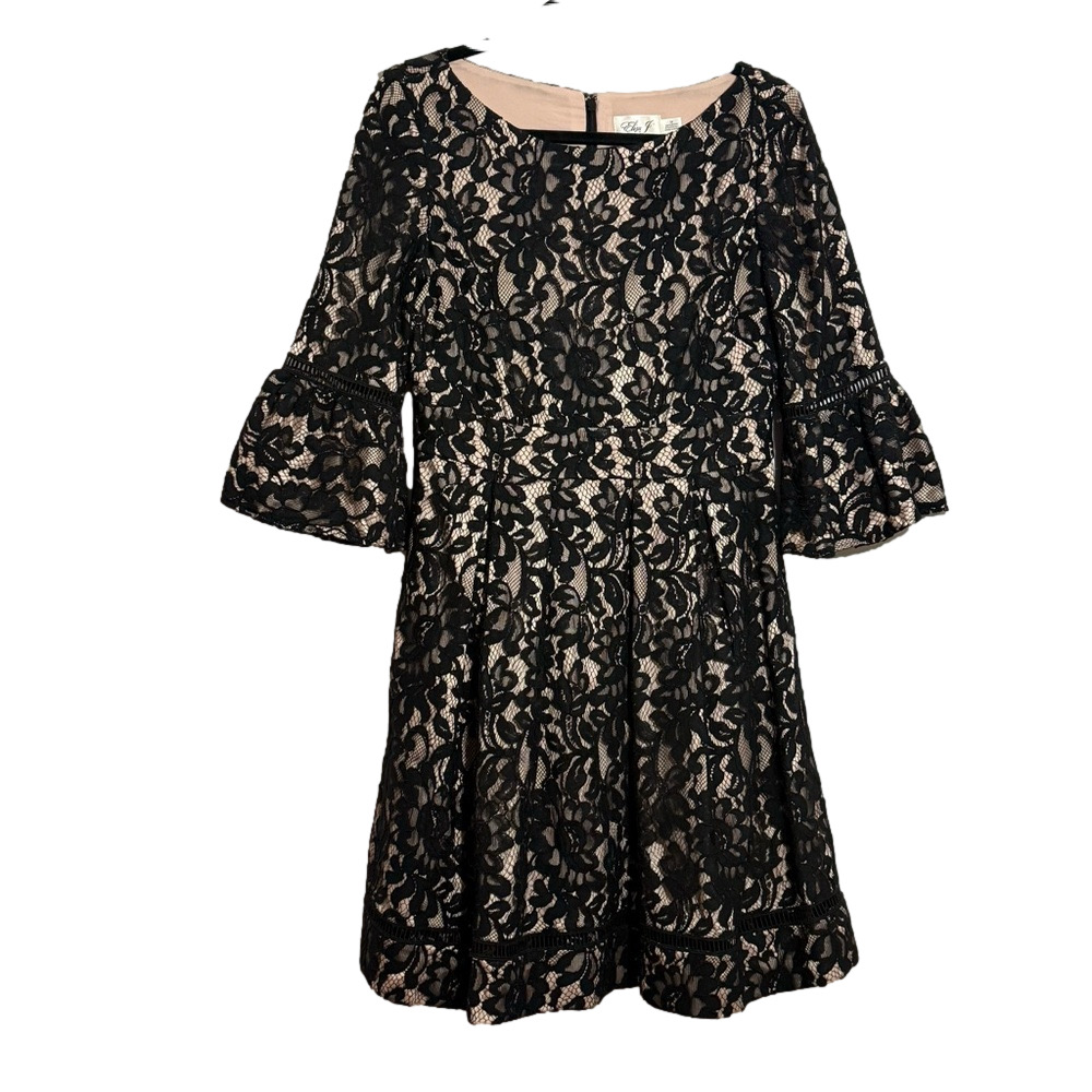 Eliza J women’s fit and flare laced boat neckline bell sleeves pleated dress 10